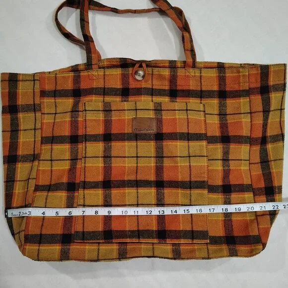 Maurices Plaid Flannel Tote Bag Button Closure Front Pocket Striped Lining - Picture 10 of 16